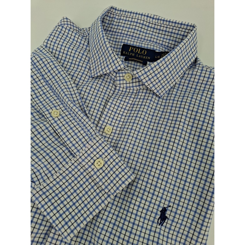 Polo Ralph Lauren Mens Performance Plaid Button Up Shirt Sz L Blue White Nylon